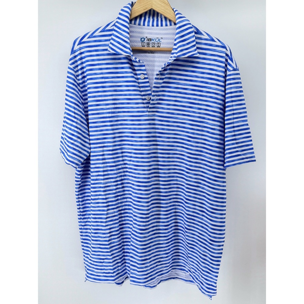 IBKUL Golf Polo Men XL Blue White Stripe UPF 50+ Performance Short Sleeve